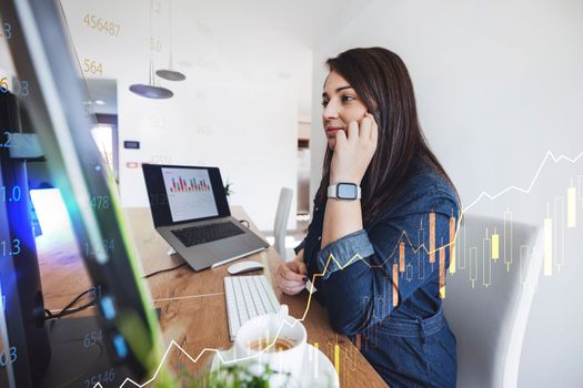 Professional businesswoman working at her office via laptop, young female manager using computer device while sitting at modern loft, computer graphics, work process concept. High quality photo