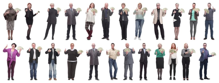 group of successful people with money in their hands on a white background