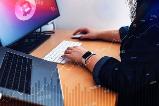 Professional businesswoman working at her office via laptop, young female manager using computer device while sitting at modern loft, computer graphics, work process concept. High quality photo