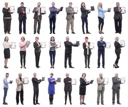 group of successful people with notepad in hands isolated on white background