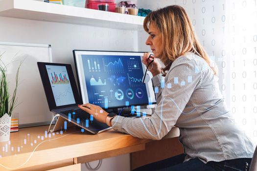 Professional businesswoman working at her office via laptop, young female manager using computer device while sitting at modern loft, computer graphics, work process concept. High quality photo