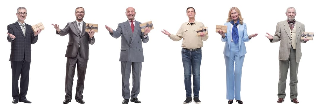 group of happy people with gifts in their hands isolated on white background