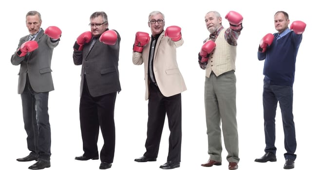 collage of businessmen in boxing gloves isolated on white background