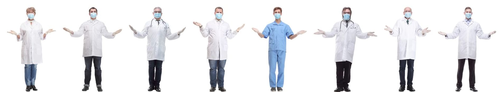 group of doctors in mask isolated on white background