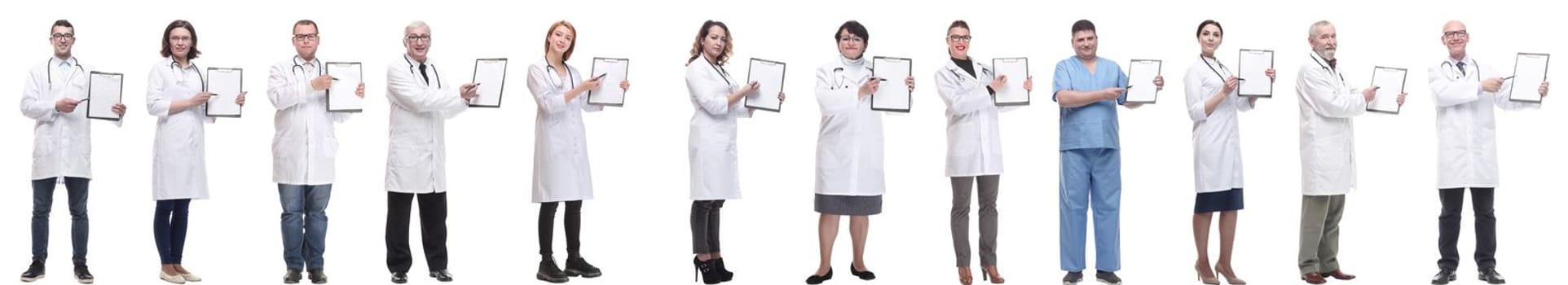 full length group of doctors with notepad isolated on white background