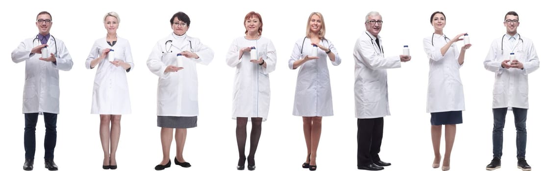 group of doctors holding jar isolated on white background