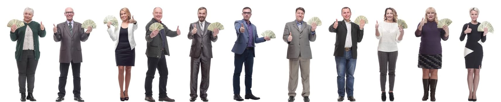 group of successful people with money in their hands on a white background