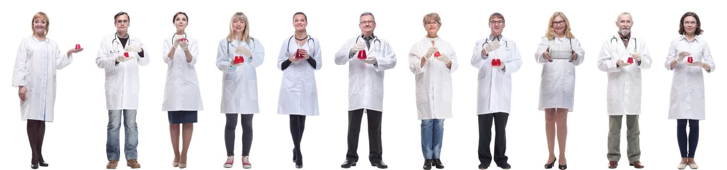 laboratory assistant holding a flask with liquid isolated on white background