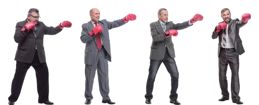 collage of businessmen in boxing gloves isolated on white background