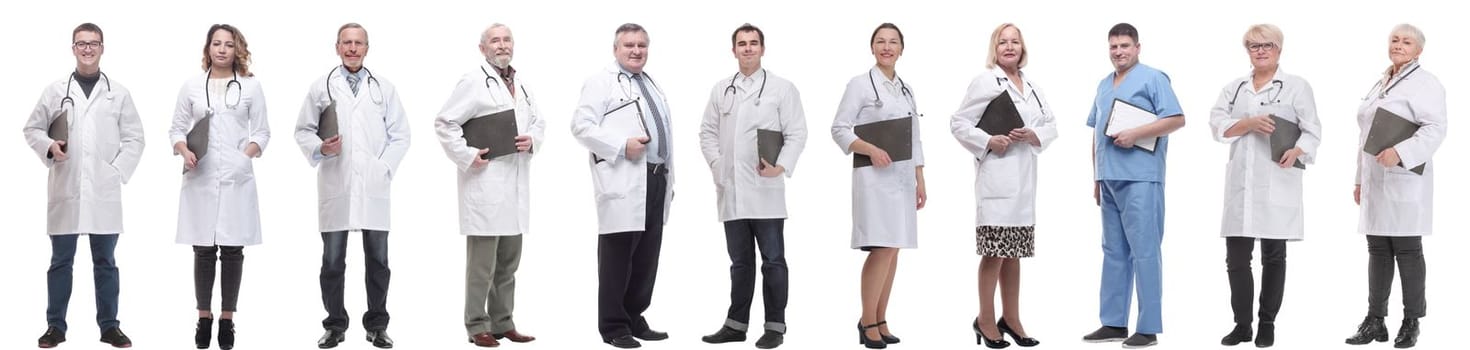 full length group of doctors with notepad isolated on white background