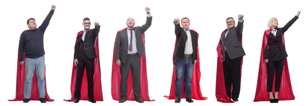 group of people in red raincoat isolated on white background