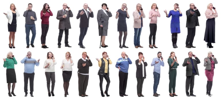 group of people holding phone in hand isolated on white background