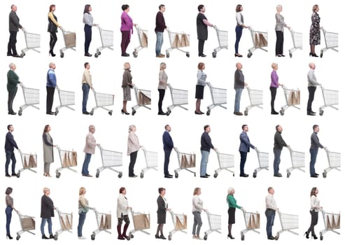 group of people with cart looking ahead isolated on white background