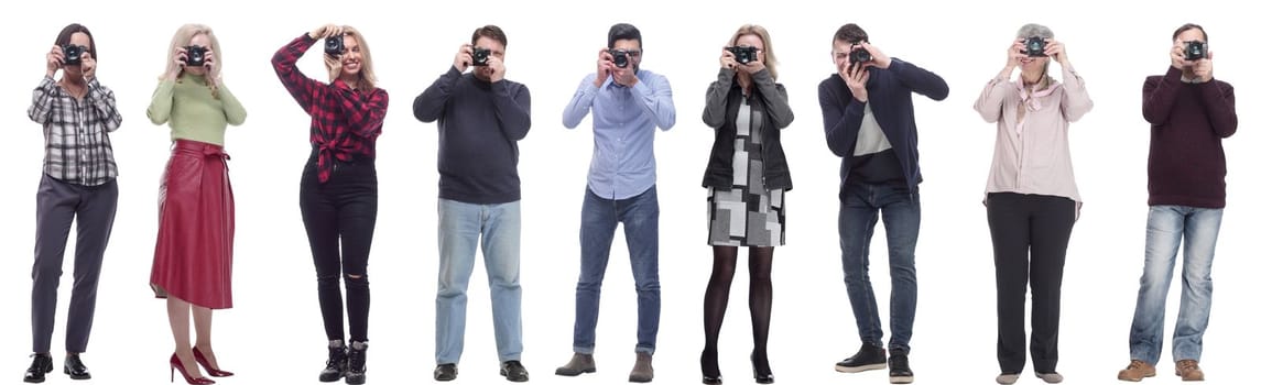 Many Double Twelve Group paparazzi photographers with cameras isolated on white collage