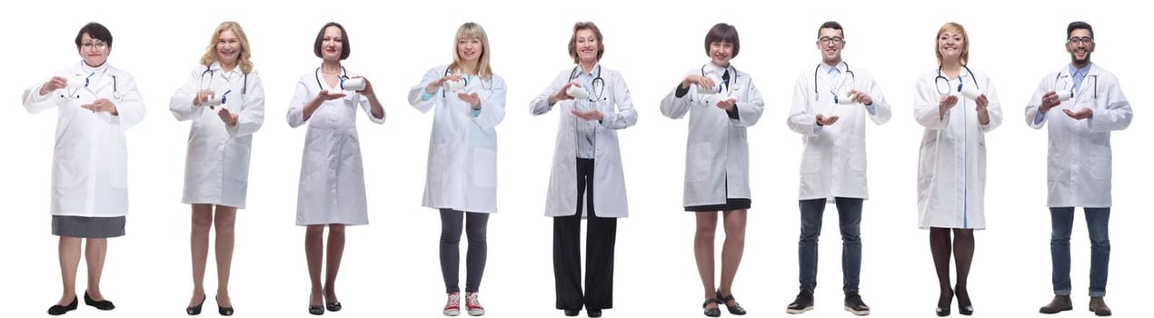 group of doctors holding jar isolated on white background