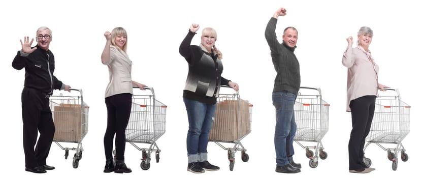 group of people with trolley greet isolated on white background