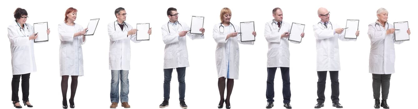 full length group of doctors with notepad isolated on white background