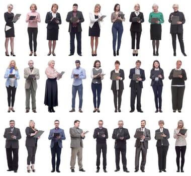 group of successful people with notepad in hands isolated on white background