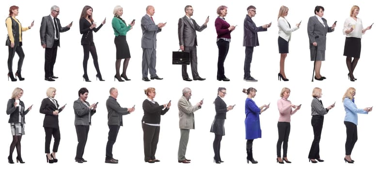 group of people profile holding phone in hand isolated on white background