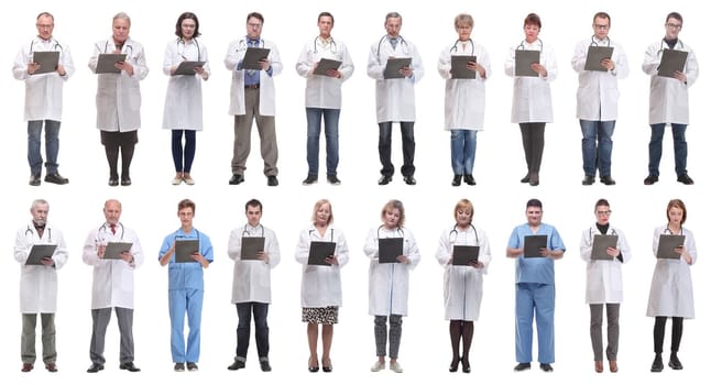 full length group of doctors with notepad isolated on white background