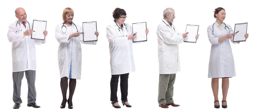 full length group of doctors with notepad isolated on white background