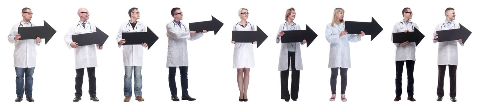 group of successful business people with black arrow isolated on white background