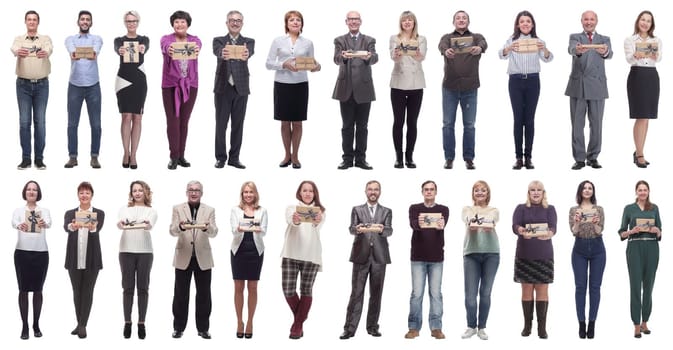 group of happy people with gifts in their hands isolated on white background