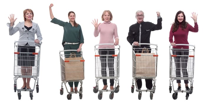 group of people with shopping cart showing thumbs up at camera isolated on white background