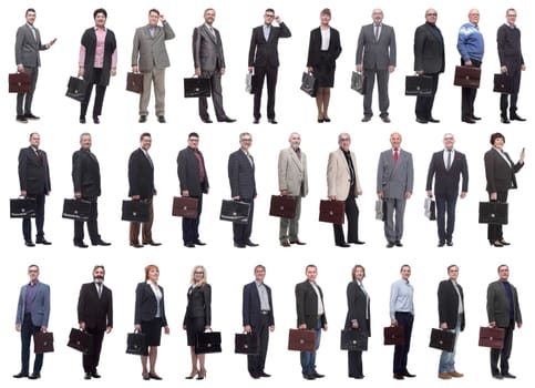 collage, group of businessmen with briefcase isolated on white background