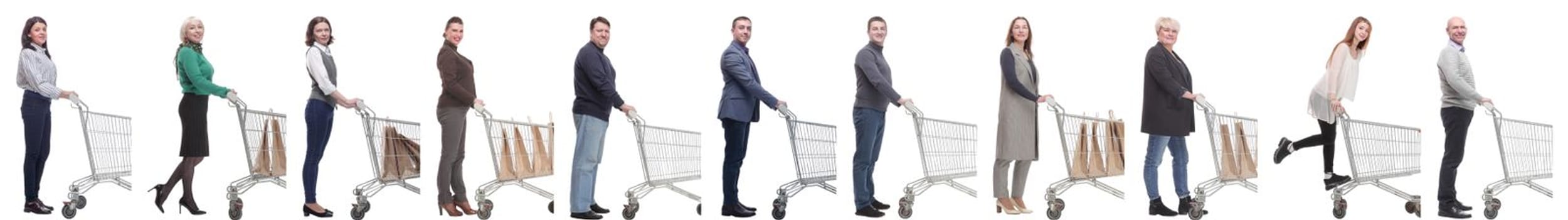 group of people with cart looking at camera isolated on white background