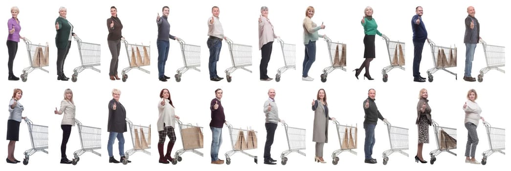 a group of people in profile with a basket showing thumbs up on a white background