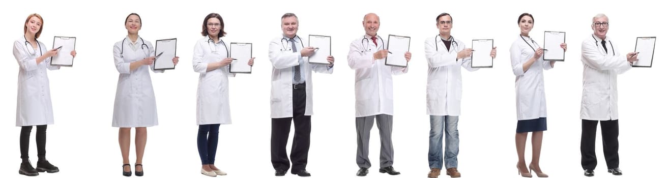 full length group of doctors with notepad isolated on white background