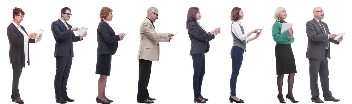 group of people holding tablet and looking ahead isolated on white background