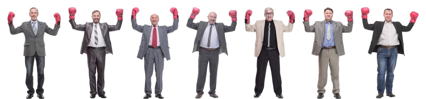 collage of businessmen in boxing gloves isolated on white background