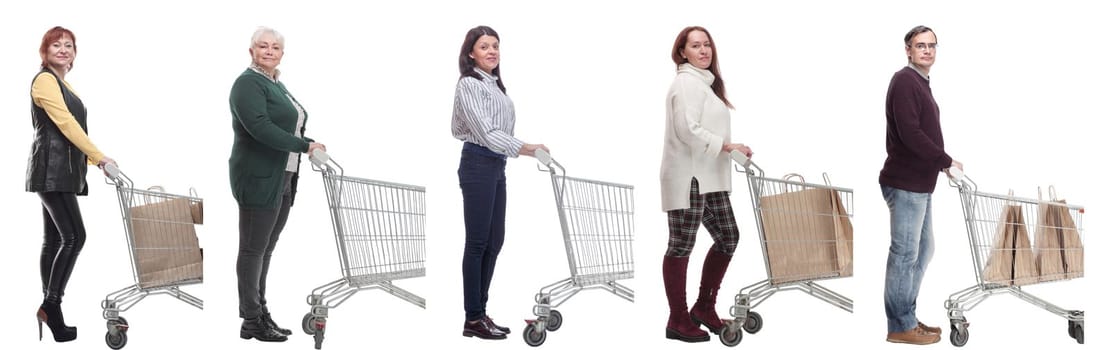 group of people with cart looking at camera isolated on white background