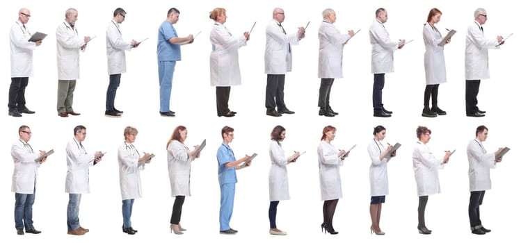 full length group of doctors with notepad isolated on white background