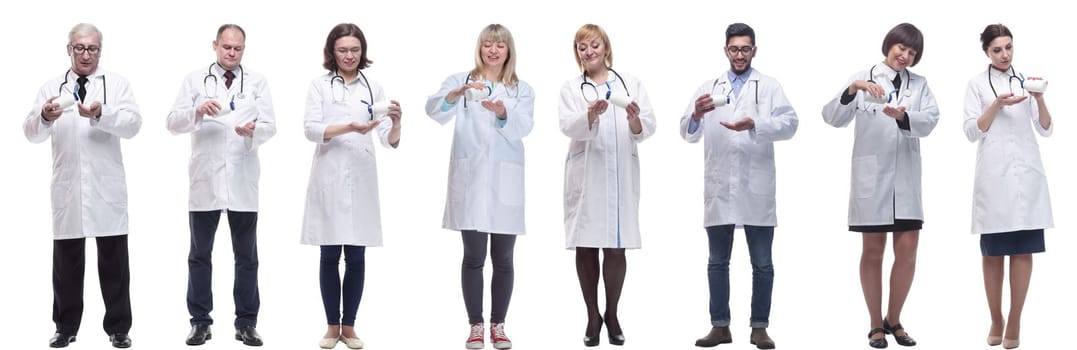 group of doctors holding jar isolated on white background