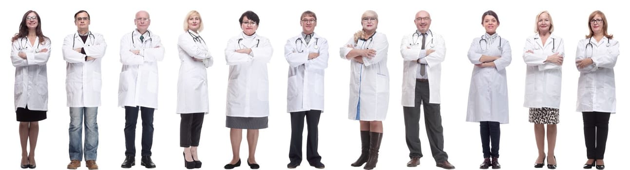 group of doctors in full length isolated on white background