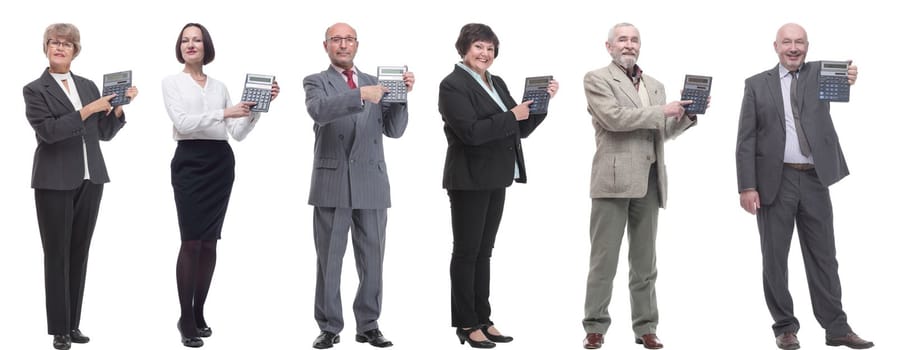 collage of people demonstrate calculator in hand isolated on white background