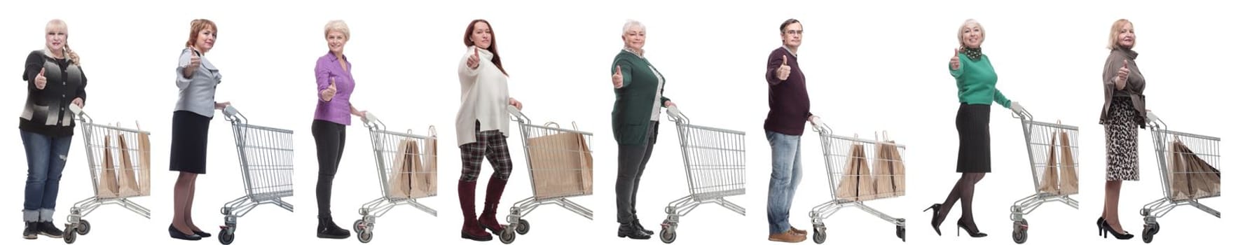 a group of people in profile with a basket showing thumbs up on a white background
