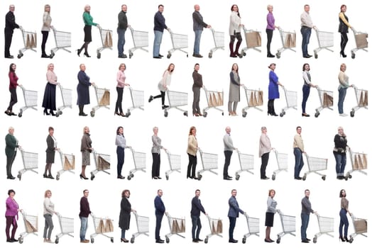 group of people with cart looking at camera isolated on white background