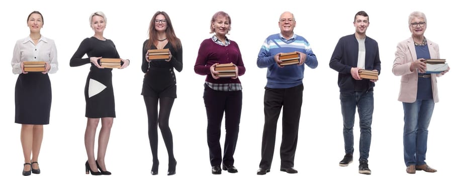 group of people holding books in hands isolated on white background