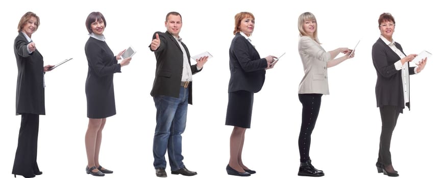 group of people demonstrating tablet looking at camera isolated on white background