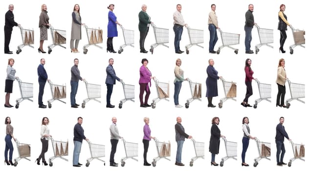 group of people with cart looking at camera isolated on white background