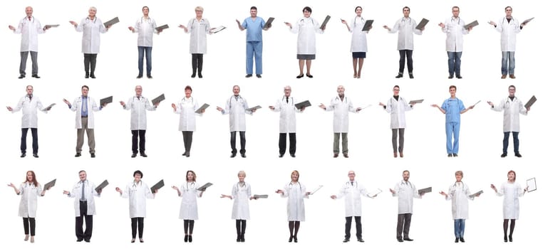 full length group of doctors with notepad isolated on white background