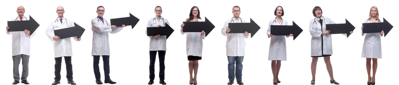 group of successful business people with black arrow isolated on white background