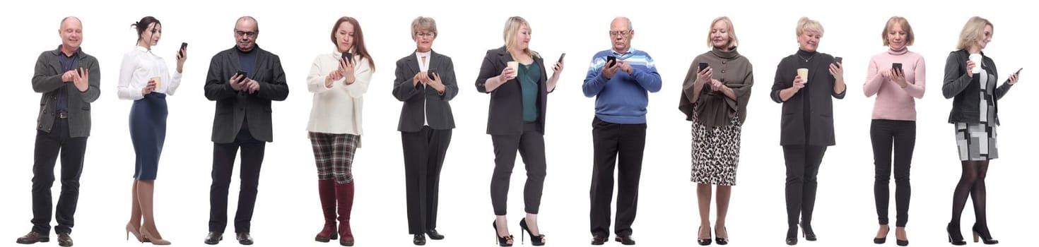 a group of people hold a phone in their hand and look into the phone isolated on a white background