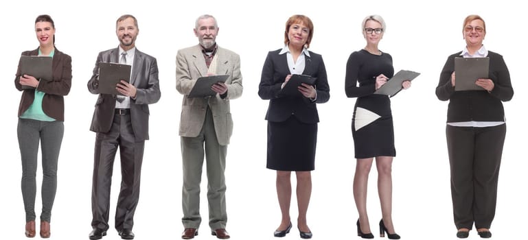 group of successful people with notepad in hands isolated on white background