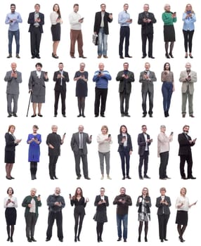 group of people holding phone in hand and looking at camera isolated on white background