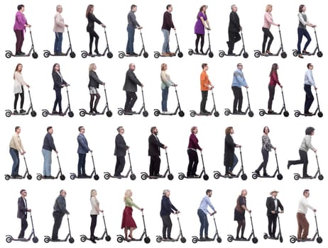 group of successful people on scooter isolated on white background